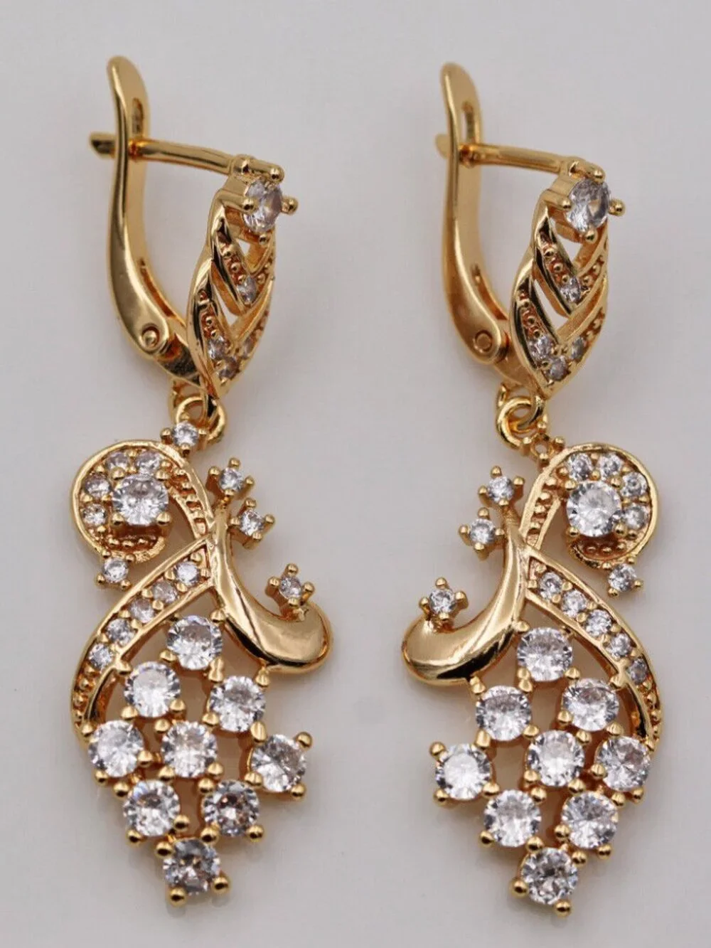 18K Yellow Gold Filled Flower Chandelier White Diamond Zircon Dangle Earrings - Picture 3 of 4
